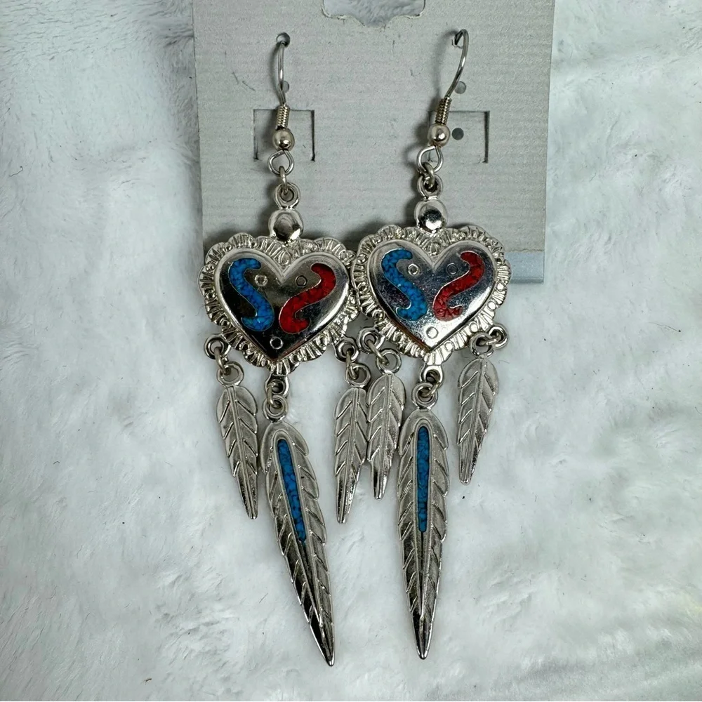 Native American Southwestern Silver Turquoise Inlay Heart & Feather Earrings